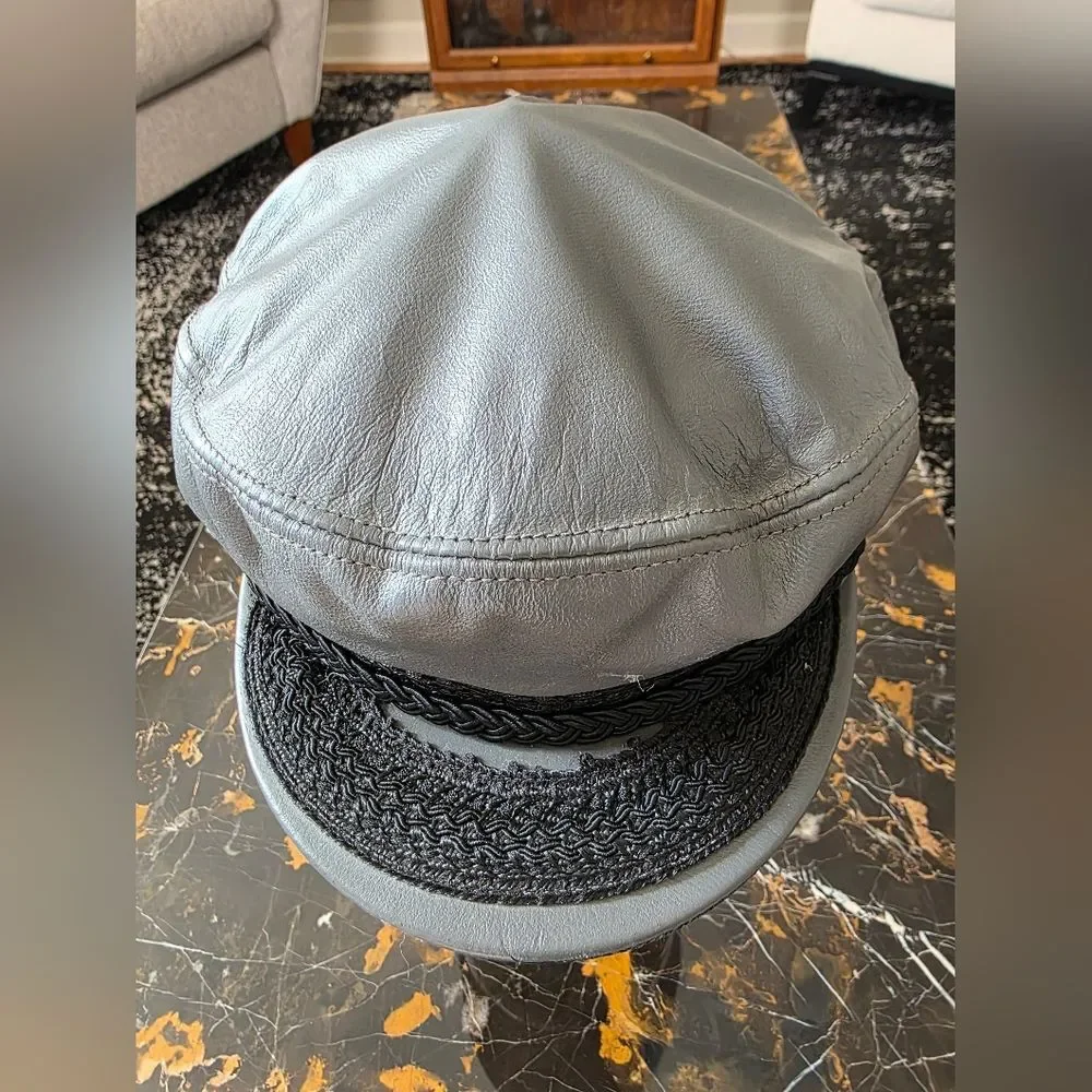 Vtg Gray Leather Fiddler Greek Fisherman Sailor Newsboy Driver Cap M - Picture 3 of 14